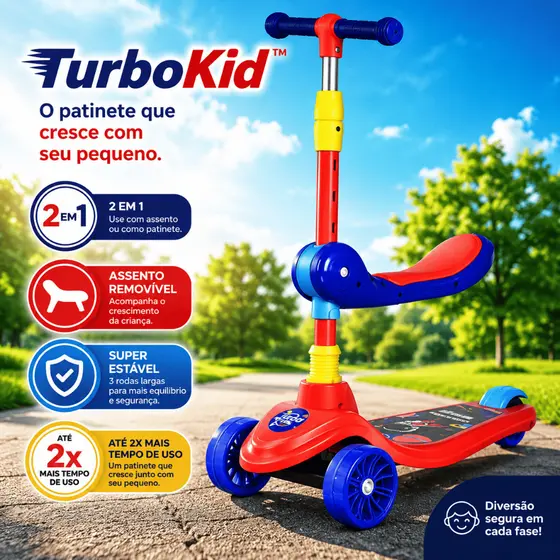 Patinete Infantil 2 em 1 TurboKid com Assento Removível Guidão Regulável 3 Rodas