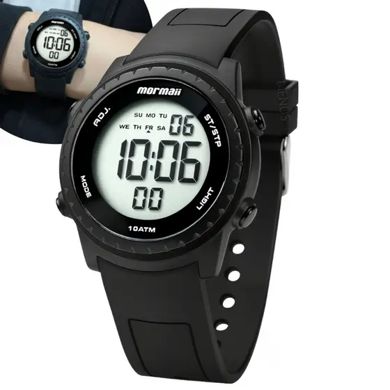 Relógio Mormaii Infantil Digital Unissex Preto Esportivo LCD Positivo Calendário Alarme Prova Água 100 Metros Original