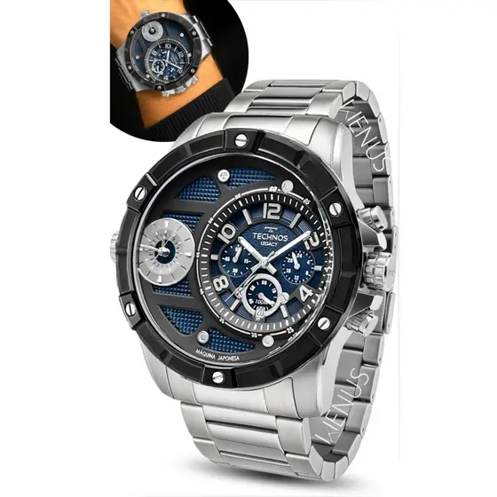 Relógio Technos Masculino Legacy Prateado Preto Azul-escuro Cronógrafo Prova D'água 100 Metros Original