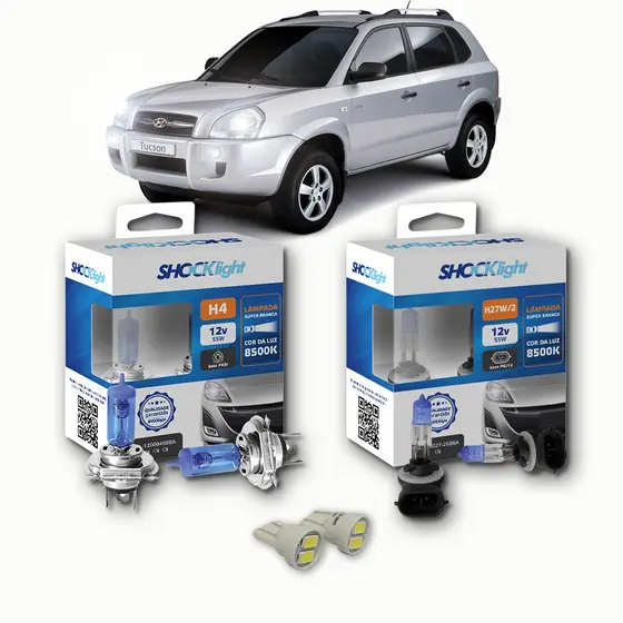 KIT lâmpadas Super brancas 8500K +LED T10 Hyundai Tucson 2006/2016 H4 FAROL + H27 milhas