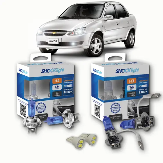 KIT lâmpadas Super brancas 8500K +LED T10 Chevrolet Corsa Classic 2010/2016 H4 FAROL + H3 milhas