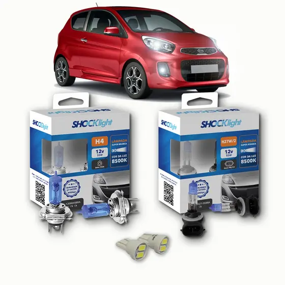 KIT lâmpadas Super brancas 8500K +LED T10 Kia Picanto 2007/2016 H4 FAROL + H27 milhas