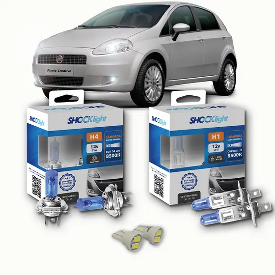 KIT lâmpadas Super brancas + LED T10 Fiat PUNTO ELX 1.4 2008/2013 Farol H4 + milhas H1 8500k