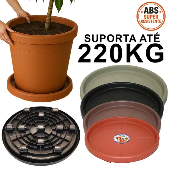 Prato para vaso super resistente em ABS suporta até 220KG com rodas redondo todas as cores mobilidade fácil