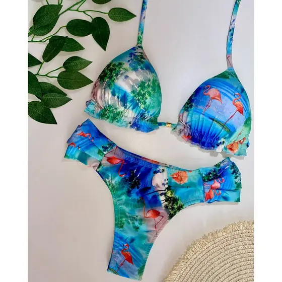 Biquíni feminino cortininha bojo removível com calcinha básica borboleta larga lateral