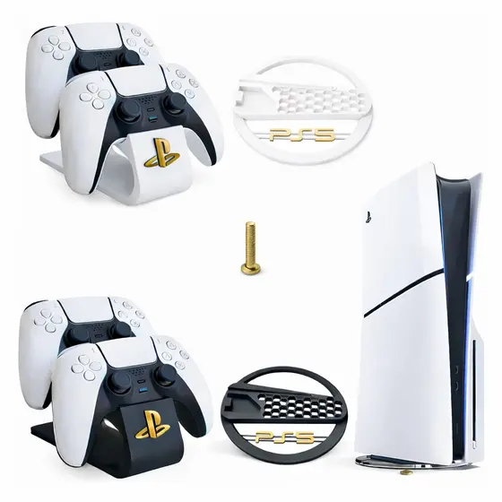Kit Base Stand Vertical e Suporte Duplo Para Controles Playstation Ps5 Slim Compatível com Disco Digital e Físico