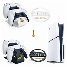 Kit Base Stand Vertical e Suporte Duplo Para Controles Playstation Ps5 Slim Compatível com Disco Digital e Físico