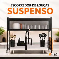 Escorredor de Louças Suspenso Pia 75cm Preto Armário Organizador Pratos Copos Talheres Tigelas