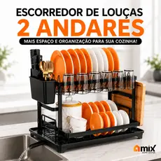 Escorredor de Louças 2 Andares Preto Bandeja Coletora Dreno 360° Porta Talheres Suporte Tábua