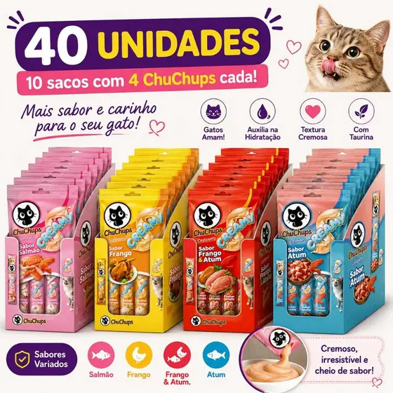 ChuChups Creamy 40 unidades Petisco Para Gatos 40 Sachê 15g cada