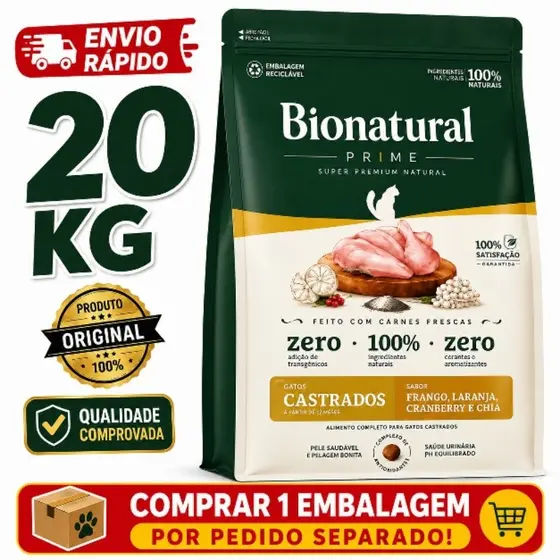 Ração Bionatural Prime Super Premium Gatos Castrados 20kg Frango Original Envio Rápido