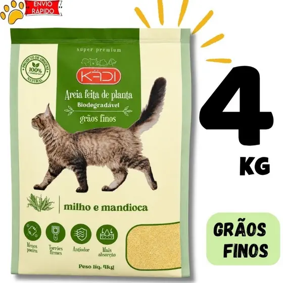 Areia Higiênica Kadi 4kg Areia Biodegradável grãos finos para Gatos Areia de Mandioca