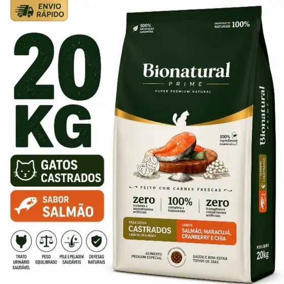 Ração Bionatural Para Gatos Castrados sabor Salmão 20 KG Ração Super Premium