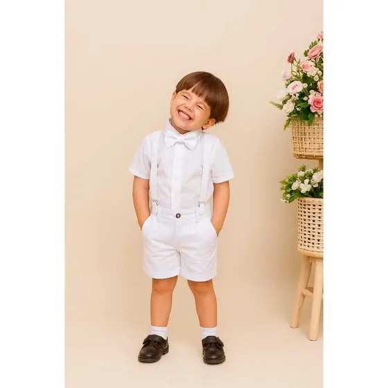 Conjunto Social Kit 4 Peças Bermuda, Camisa, Gravata e Suspensório Batizado, Aniversário