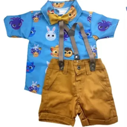 BOLOFOFOS Kit Roupa Conjunto Infantil Menino 4 Peças Camisa Gravata Bermuda e Suspensório Aniversário Mesversário