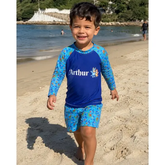 Conjunto Infantil UV50+ Praia e Piscina | Camisa Fundo do Mar + Sunga | Personalizável