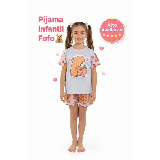 Pijama infantil Feminino Manga Curta Estampado Capivara Personagem Barato lindo premium