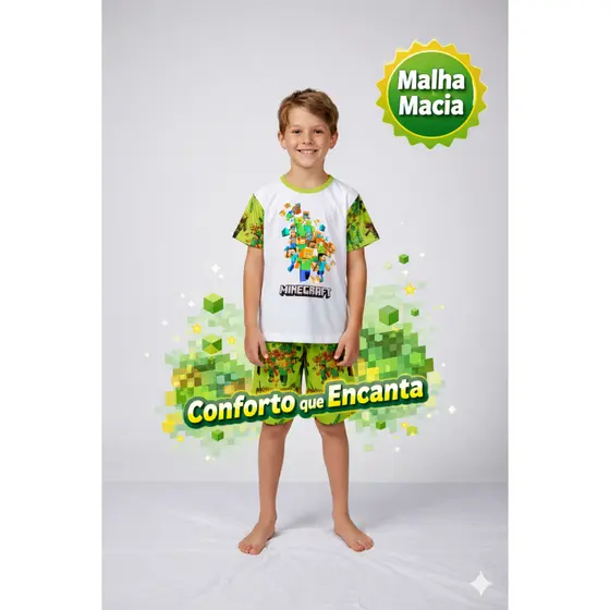 Pijama Infantil Masculino Minecraft Curto Verão Malha Macia Confortável