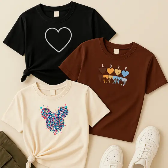 Blusa preta, marrom e off white Coração Branco, Love Derretido e Mickey Confete