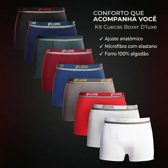 Kit 10 Cueca Boxer Masculina D'luxe Microfibra com Elastano Anatômica Longa Confortável Cores Variadas