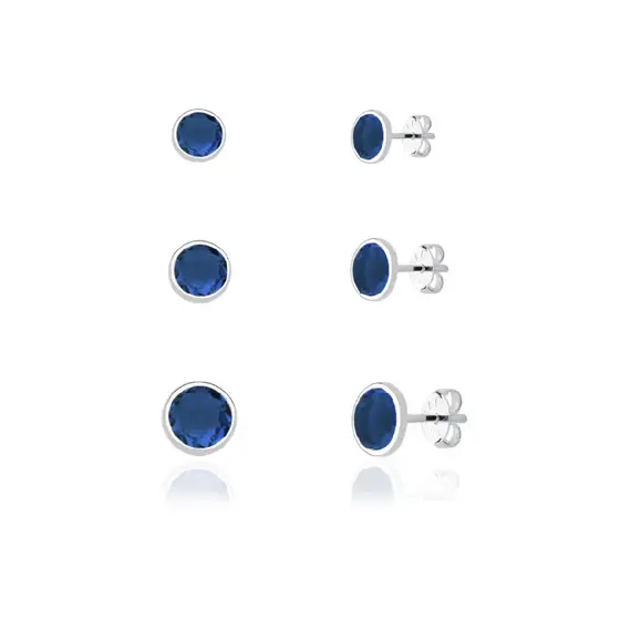 Trio de brincos prata 925 - Cravação inglesa azul marinho