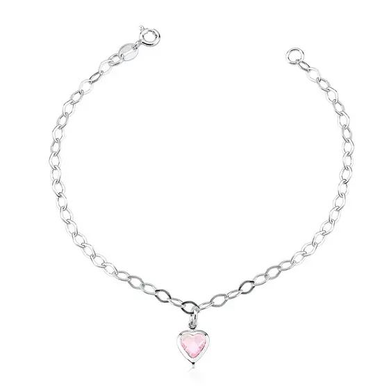 Pulseira feminina coração pendente rosa | Prata 925