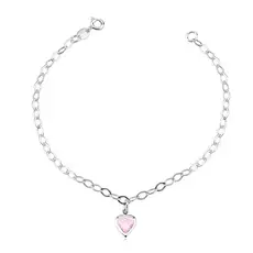 Pulseira feminina coração pendente rosa | Prata 925