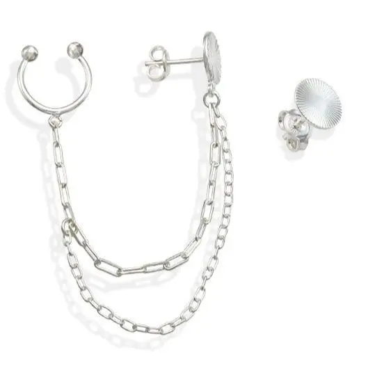 Brinco Feminino de Prata 925  Redondo Diamantado com 1 lado Corrente e Piercing