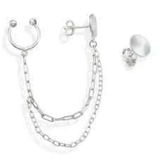 Brinco Feminino de Prata 925  Redondo Diamantado com 1 lado Corrente e Piercing