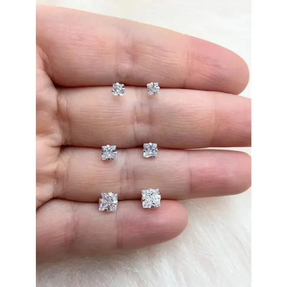 Trio de Brincos Quadrado Zirconia Prata 925 3mm/4mm/5mm