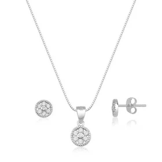 Conjunto Brinco e Colar de Prata 925 Redondo Cravejado | Cores Diversas