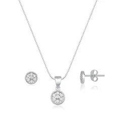 Conjunto Brinco e Colar de Prata 925 Redondo Cravejado | Cores Diversas