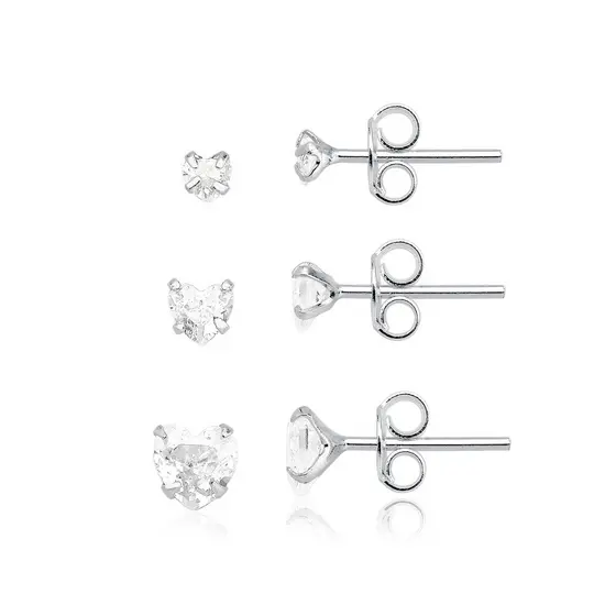 Brinco trio kit coração zirconia prata 925 4mm/5mm/6mm ponto de luz