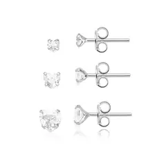 Brinco trio kit coração zirconia prata 925 4mm/5mm/6mm ponto de luz