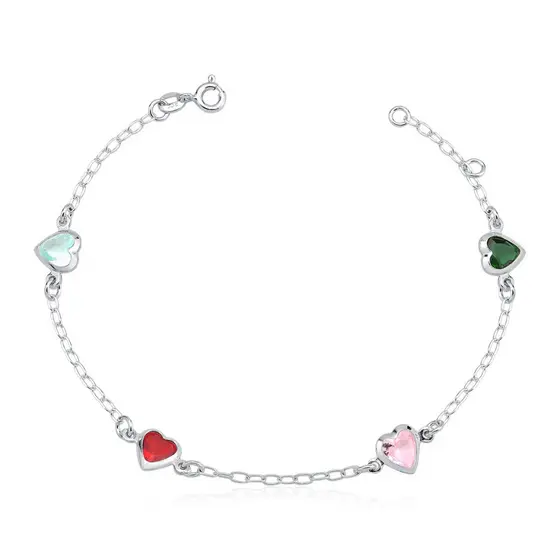 Pulseira Feminina de Prata 925 Coração Cravejado com 7mm e Colorida