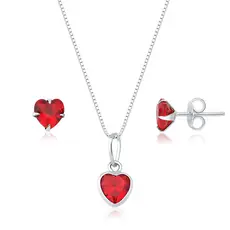 Conjunto Colar e Brinco Coração Vermelho Prata 925