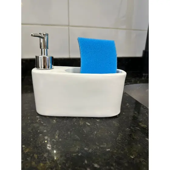 Dispenser Porta Detergente E Esponja Em Cerâmica Branco