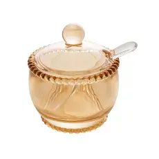 Açucareiro de Vidro Cristal Bolinha Pearl Âmbar Dourado com Tampa e Colher