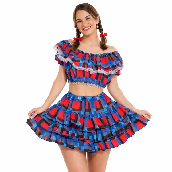 Conjunto Junino Feminino  Xadrez | Cropped Babado e Saia Rodada | Perfeito para Festa Junina e Arraiá