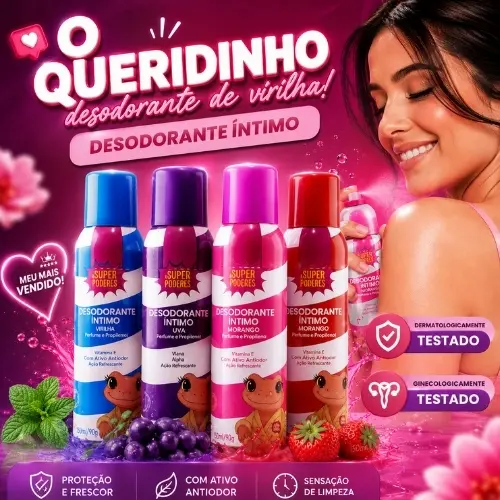 Super Poderes Desodorante Íntimo Virilha Fragância Morango com Vitamina E, Ácido Hialurônico, Óleo de Rosa Mosqueta