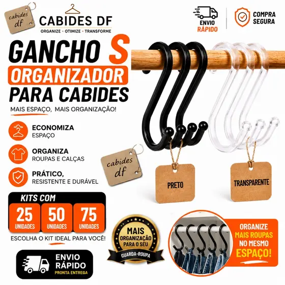 Gancho S Cabide E Arara Multiuso Preto / Acrílico Kit 25, 50, 75 Unidades Organizador De Roupa