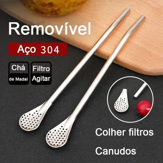 Canudo Longo Com Colher Filtro Em Aço Inox Chá e Bebidas Pura Tereré WL-2521