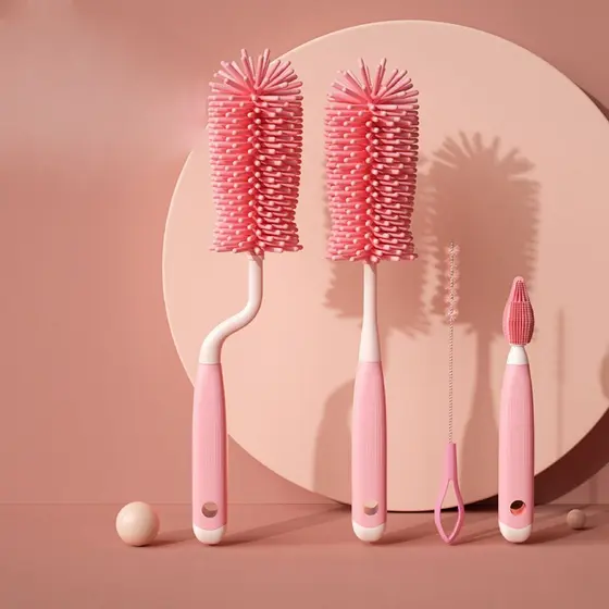 Kit 4 Escova De Lava Mamadeira Para Bebê De Silicone Limpeza Completa Com Escova De Bico E Canudo Rosa Azul WL-2707