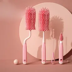 Kit 4 Escova De Lava Mamadeira Para Bebê De Silicone Limpeza Completa Com Escova De Bico E Canudo Rosa Azul WL-2707