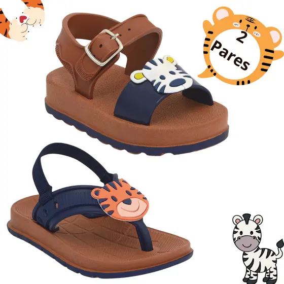 Kit 2 Pares Sandália e Chinelo Infantil Masculino Meninos Safari