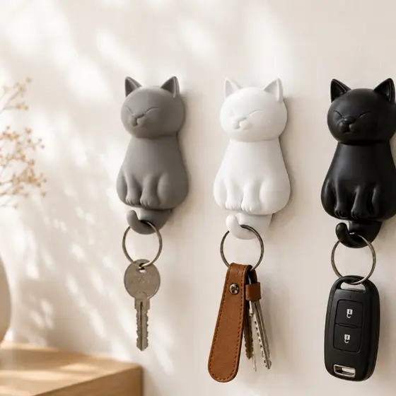 Porta Chaves Gatinho Adesivo – Sem Furadeira | Organizador de Parede | Gancho Adesivo Gato Porta Chaves Sem Furadeira