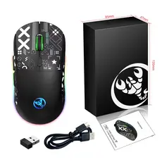 Mouse HXSJ-T90 Ergonômico Sem Fio para Jogos, 2.4G, 3600 DPI, Iluminação RGB, Tipo-C, Recarregável