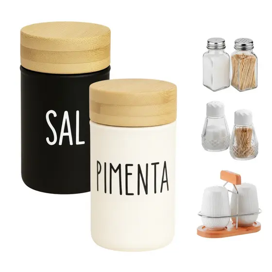 Saleiro e Pimenteiro Mesa Vidro Bambu Linha Doha
