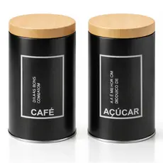 Potes Café Açúcar Tampa Amadeirada Metal Preto Organizador Alimentos Cozinha