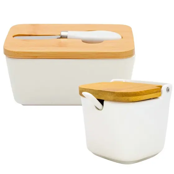 Conjunto Manteigueira Branca Com Espátula & Saleiro Com Colher Porta Sal